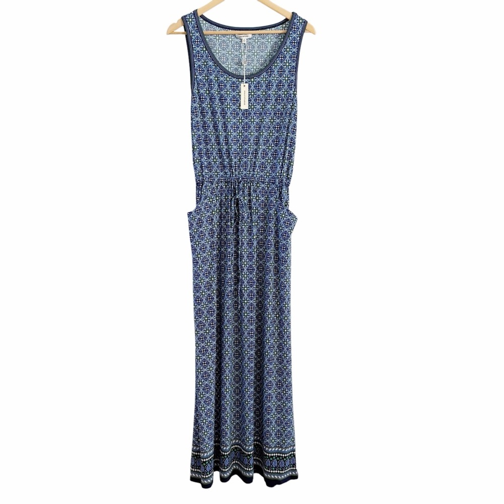 NWT Max Studio Maxi Dress Blue Print Sleeveless Elastic Waist Pockets NEW Small